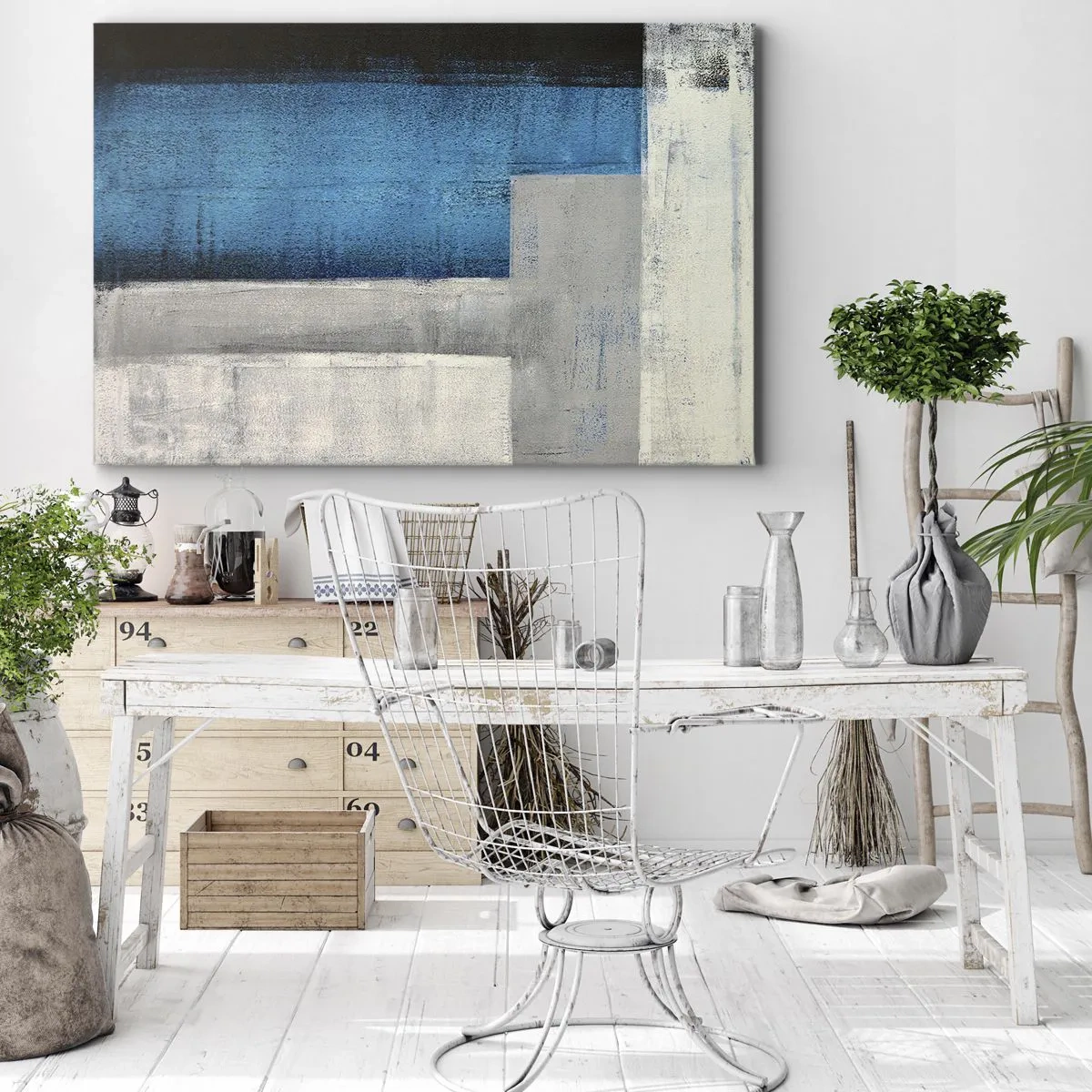 Tablou pe pânză Canvas - O compoziție abstractă cu nuanțe de albastru, gri și alb. - 70x50cm - Compoziție poetică de gri și albastru - Decorațiune modernă pentru perete pentru living și dormitor ARTTOR