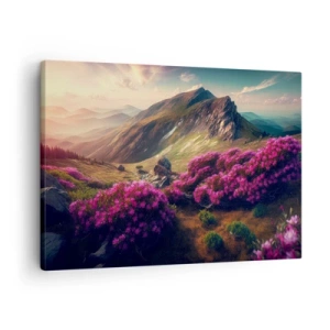 Tablou pe pânză Canvas - Peisaj montan cu rododendroni înfloriți - 70x50cm - Vara la munte - Decorațiune modernă pentru perete pentru living și dormitor ARTTOR
