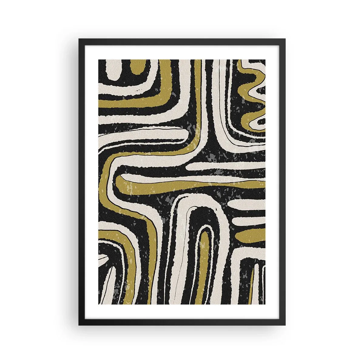 Poster în ramă neagră - Abstracție geometrică în negru, bej și auriu - 50x70cm - Compoziție: pasaje și alei - Decorațiune modernă pentru perete pentru living și dormitor ARTTOR