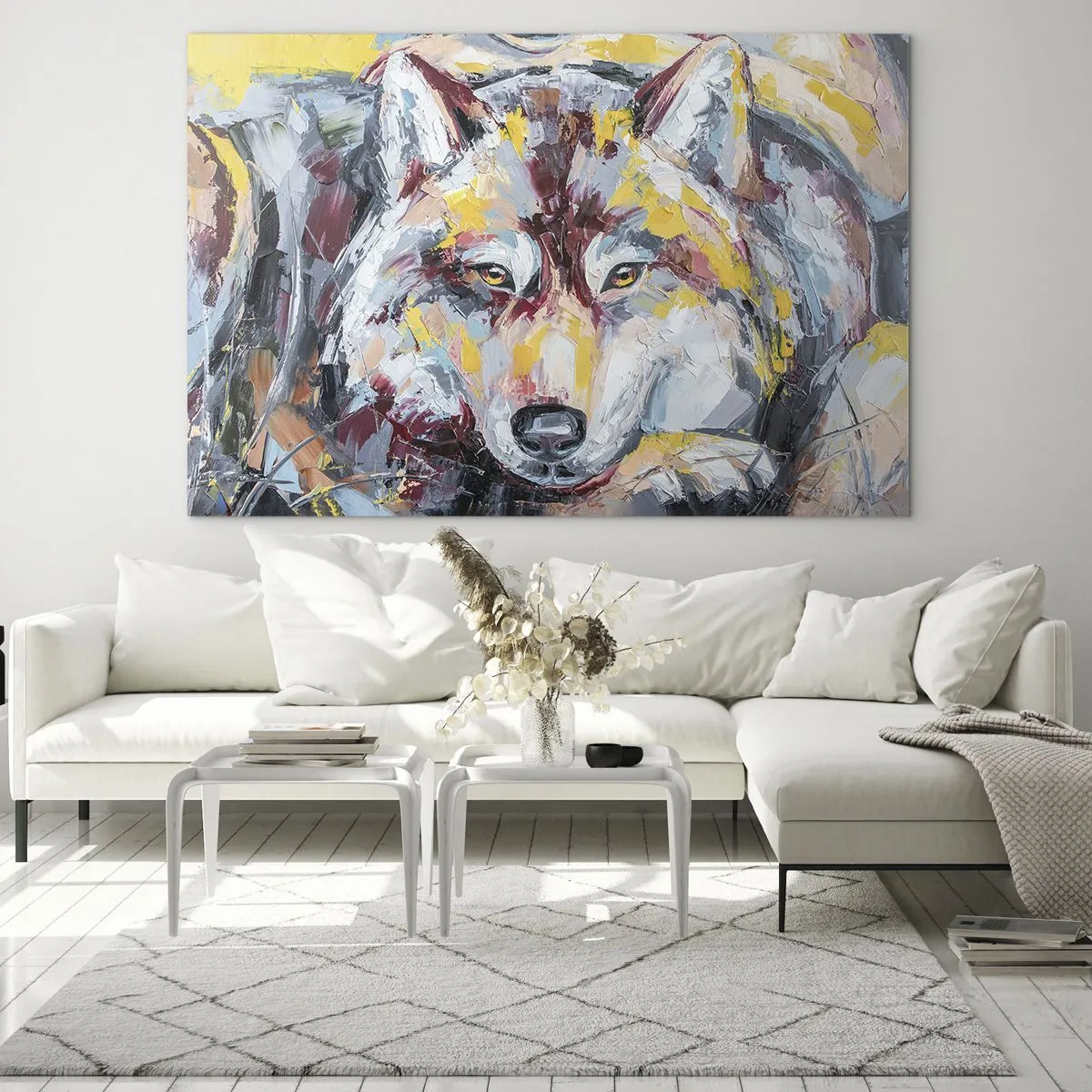 Tablou pe sticlă - Portret colorat al unui lup în stil expresionist - 70x50cm - Pace pentru cel drag - Decorațiune modernă pentru perete pentru living și dormitor ARTTOR