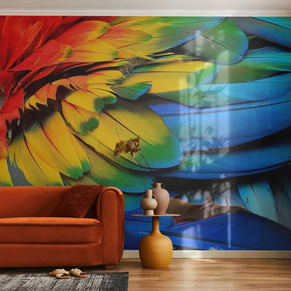 Tapet Autoadeziv Deluxe Sticker - Pasăre de paradis - Pene colorate, Pene de papagal, Animale - 250x175 cm