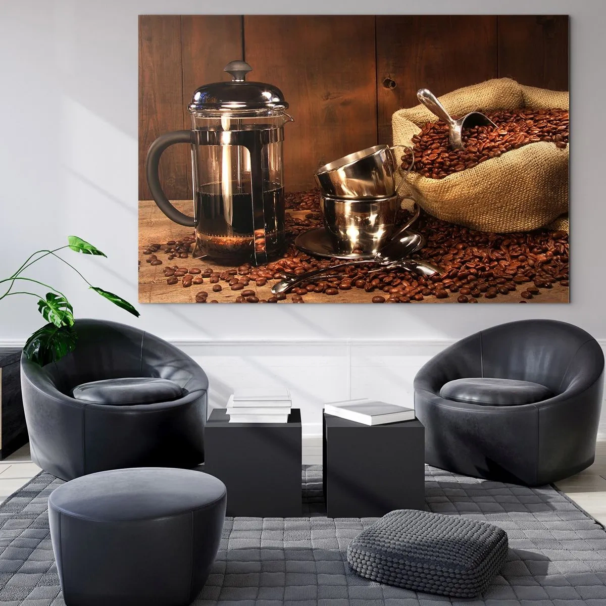 Tablou pe sticlă - Aparat de cafea, cești și un plic de boabe de cafea - 70x50cm - Magia cafelei - aromă și gust - Decorațiune modernă pentru perete pentru living și dormitor ARTTOR