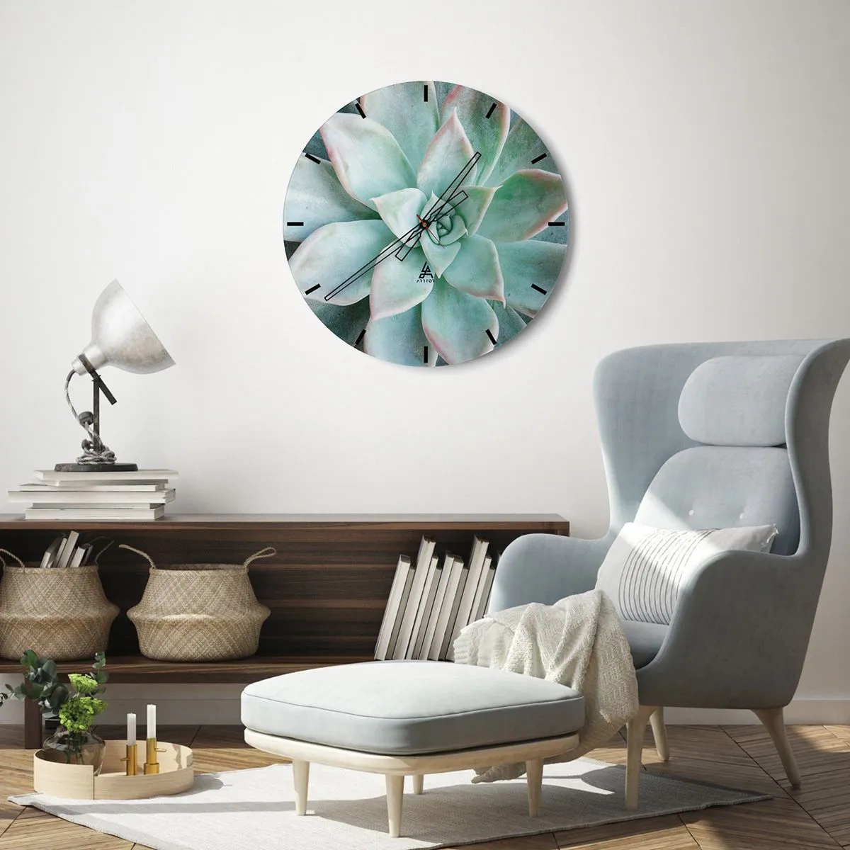 Ceas de perete - Ceas pe sticlă - Fotografie macro a unei suculente verzi cu accente roz - 30x30cm - Inima deșertului - Decorațiune modernă pentru perete pentru living, bucătărie și dormitor ARTTOR