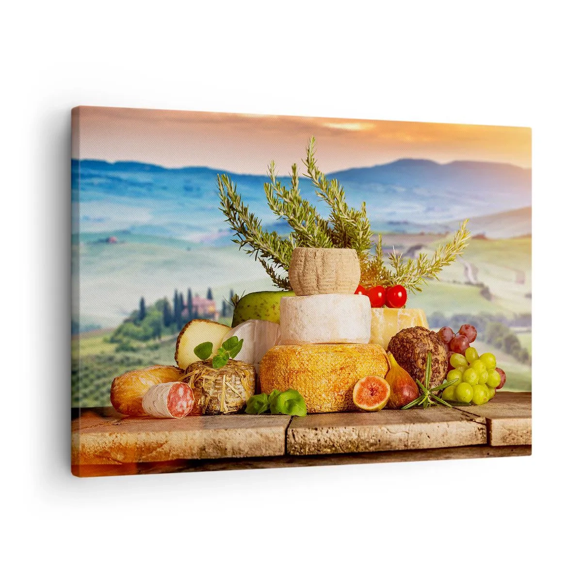 Tablou pe pânză Canvas - O compoziție de brânzeturi și fructe pe fundalul peisajului toscan - 70x50cm - Bucurie de viață în stil italian - Decorațiune modernă pentru perete pentru living și dormitor ARTTOR