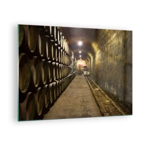 Tablou pe sticlă - Pivniță de vinuri cu rânduri de butoaie - 70x50cm - Este bine să te întinzi - Decorațiune modernă pentru perete pentru living și dormitor ARTTOR