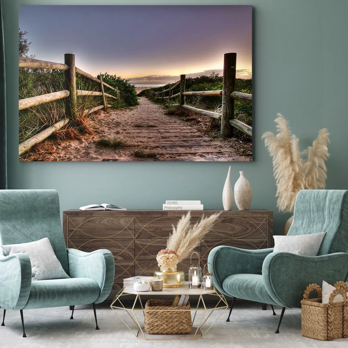 Tablou pe pânză Canvas - Cale de lemn printre dune care duce la plajă la apus - 70x50cm - Deja se vede ținta - Decorațiune modernă pentru perete pentru living și dormitor ARTTOR