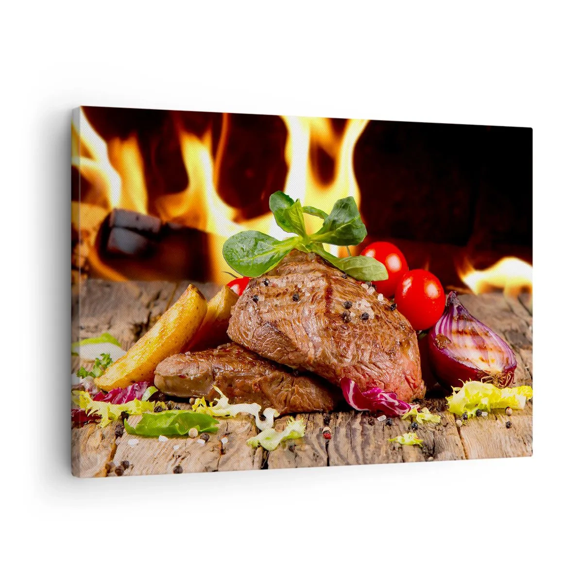 Tablou pe pânză Canvas - Friptură la grătar cu garnituri pe fundalul flăcărilor - 70x50cm - Înconjurată de ardoare - Decorațiune modernă pentru perete pentru living și dormitor ARTTOR