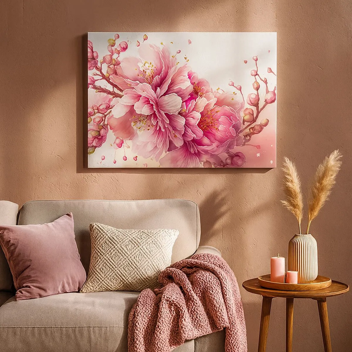 Tablou pe pânză Canvas - Flori de cireș delicate în plină floare pe un fundal luminos - 70x50cm - Flori de cireș - Decorațiune modernă pentru perete pentru living și dormitor ARTTOR