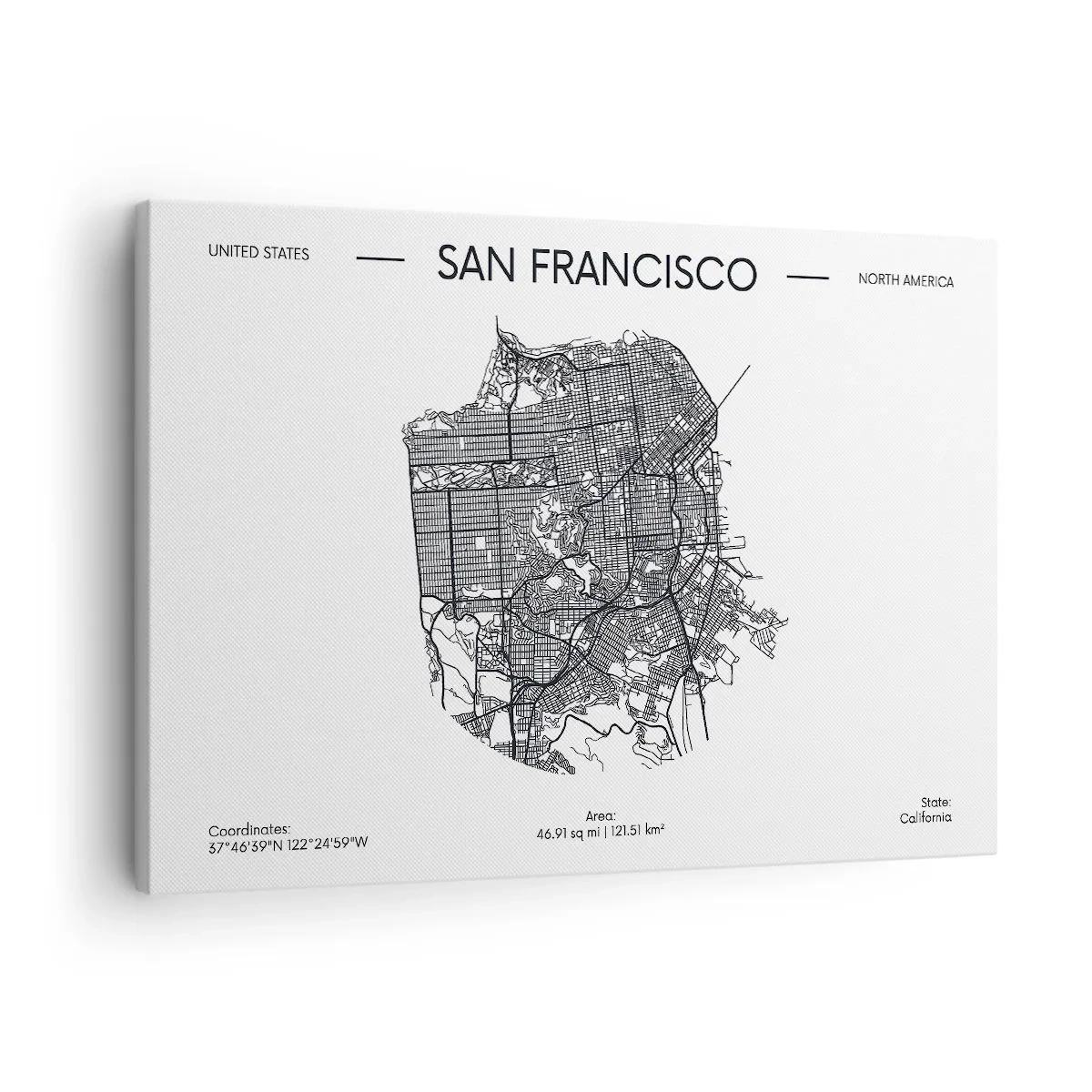 Tablou pe pânză Canvas - O hartă a orașului San Francisco într-un stil minimalist alb-negru. - 70x50cm - Anatomia San Francisco - Decorațiune modernă pentru perete pentru living și dormitor ARTTOR