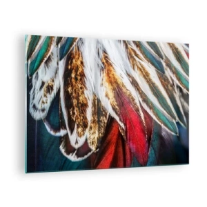 Tablou pe sticlă - Pene colorate într-o paletă bogată de culori cu o textură distinctă - 70x50cm - Secretele zborului - Decorațiune modernă pentru perete pentru living și dormitor ARTTOR