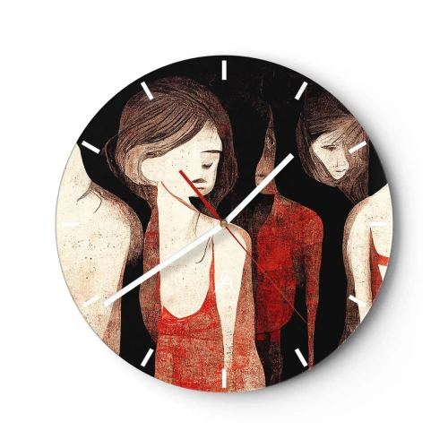 Ceas de perete - Ceas pe sticlă - Figuri de femei în roșu pe un fundal întunecat - 30x30cm - Madonele întunericului - Decorațiune modernă pentru perete pentru living, bucătărie și dormitor ARTTOR