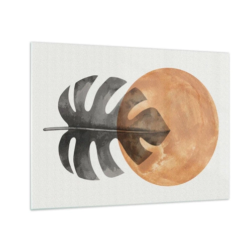 Tablou pe sticlă - Frunză de Monstera și cerc portocaliu în stil grafic pe fundal alb. - 70x50cm - Doar soarele - Decorațiune modernă pentru perete pentru living și dormitor ARTTOR