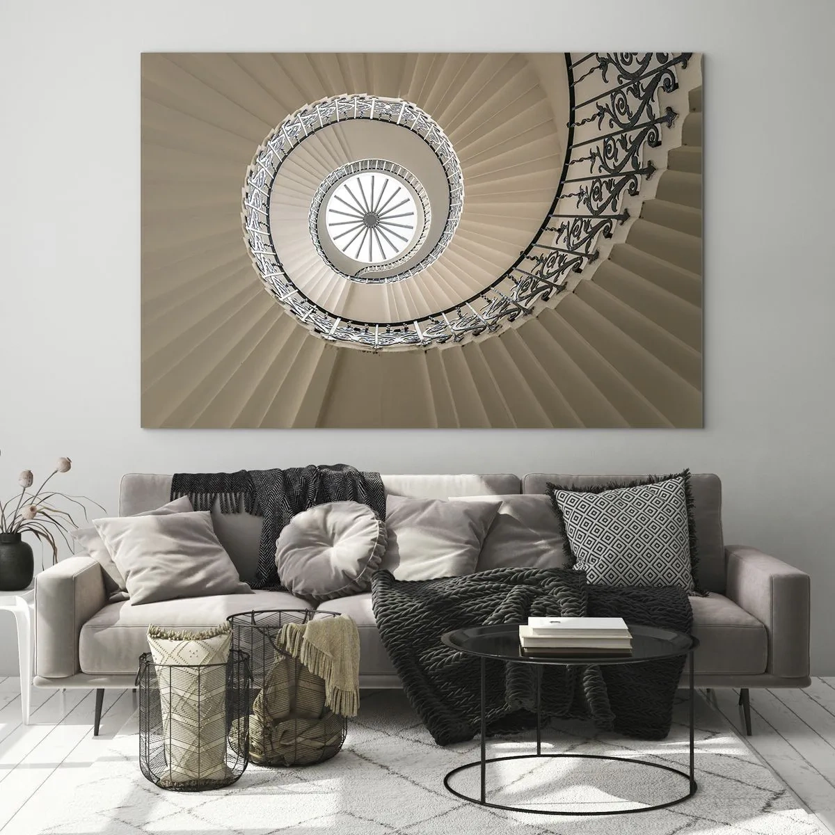 Tablou pe sticlă - O vedere în sus pe o scară în spirală care seamănă cu o scoică - 70x50cm - În interiorul cochiliei - Decorațiune modernă pentru perete pentru living și dormitor ARTTOR