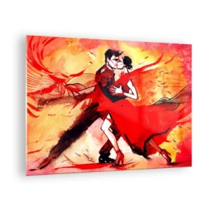 Tablou pe sticlă - Un cuplu dansând într-o compoziție dinamică roșie - 70x50cm - Ritmul pasiunii purpuriu - Decorațiune modernă pentru perete pentru living și dormitor ARTTOR