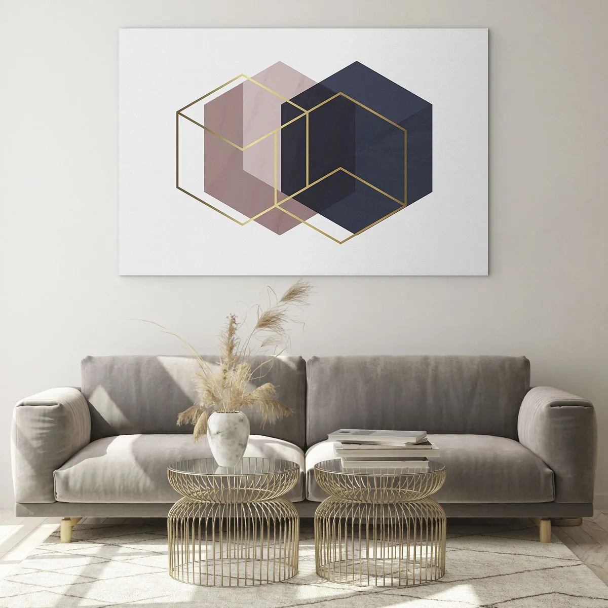 Tablou pe sticlă - Contururi aurii ale cuburilor pe un fundal de culori solide albastru marin și roz - 70x50cm - Puterea simplității - Decorațiune modernă pentru perete pentru living și dormitor ARTTOR