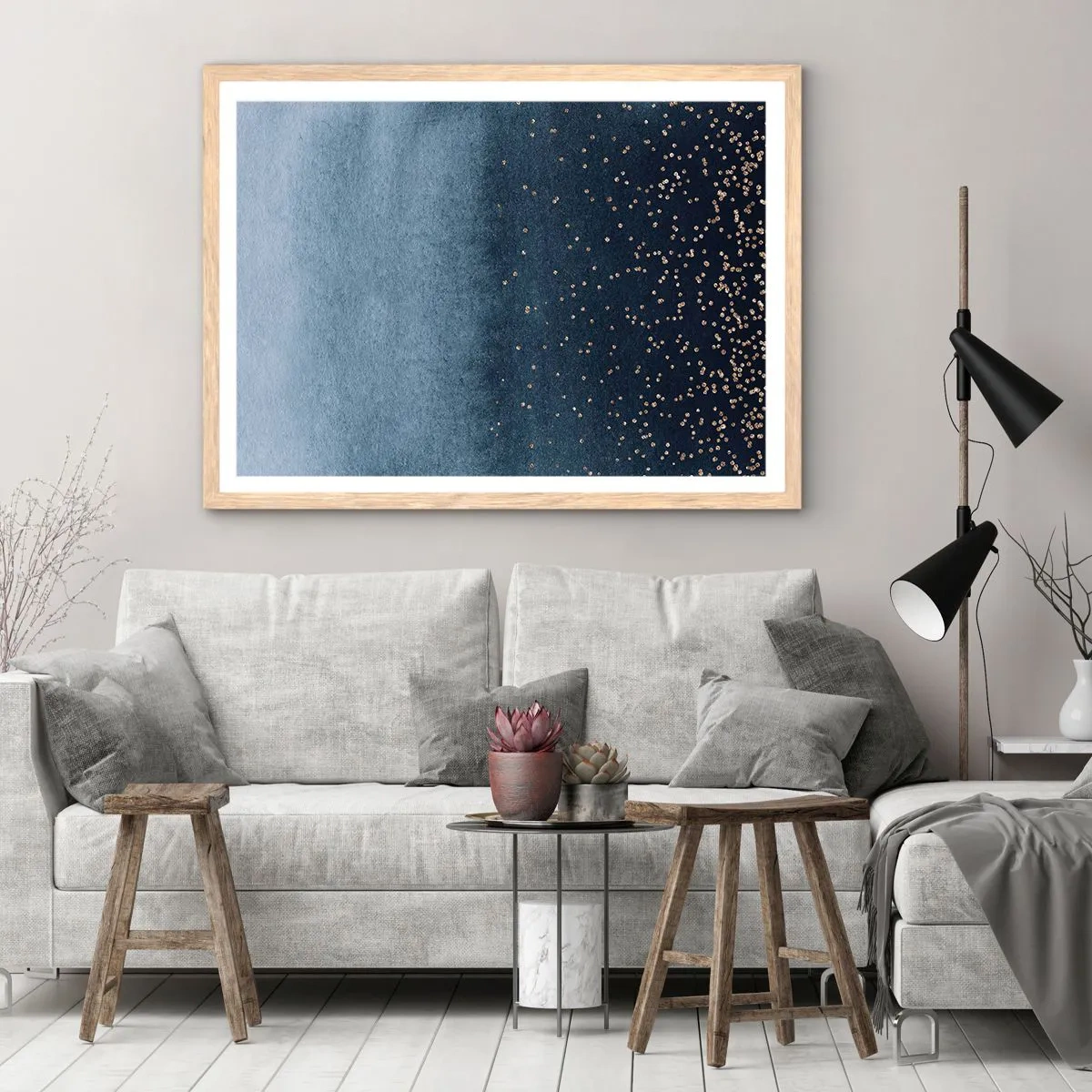 Poster în ramă de stejar deschis - Compoziție - faze albastre - 100x70 cm