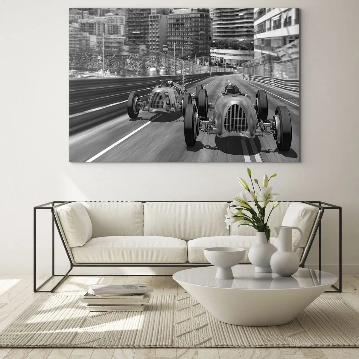 Tablou pe sticlă - Cursă de mașini istorice în alb-negru - 70x50cm - A fost odată ca niciodată în Monte Carlo - Decorațiune modernă pentru perete pentru living și dormitor ARTTOR
