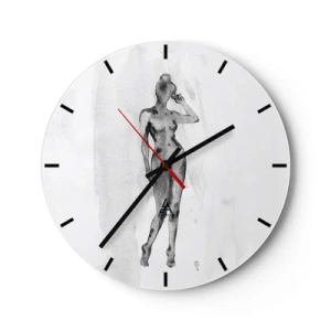 Ceas de perete - Ceas pe sticlă - Siluetă de femeie în stil acuarelă pe fundal alb - 30x30cm - Un studiu al idealului de feminitate - Decorațiune modernă pentru perete pentru living, bucătărie și dormitor ARTTOR