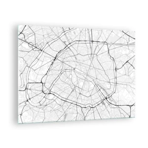 Tablou pe sticlă - Hartă a orașului alb-negru cu grilă stradală și artere circulare - 70x50cm - Floarea Parisului - Decorațiune modernă pentru perete pentru living și dormitor ARTTOR