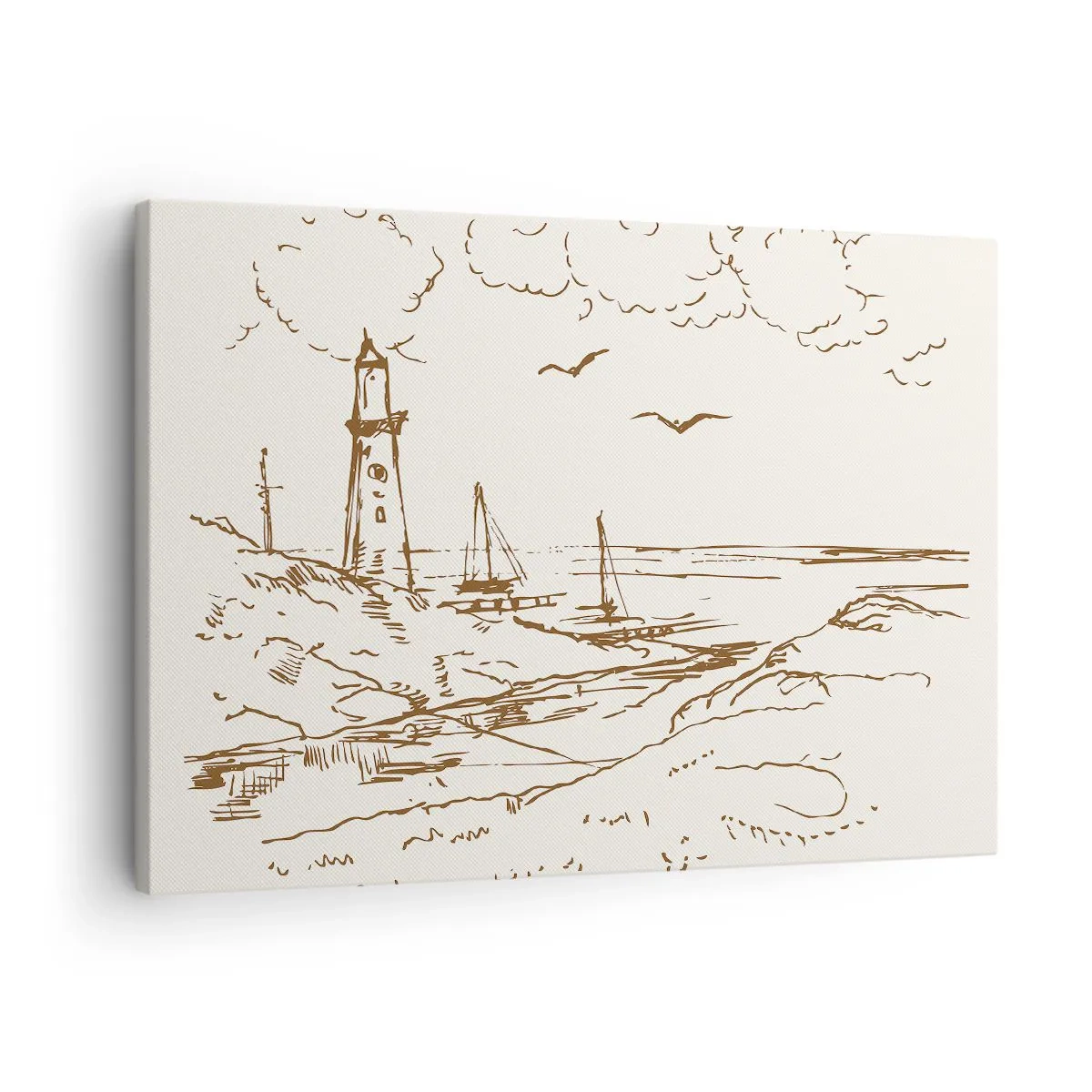 Tablou pe pânză Canvas - Schiță a unui far cu vedere la mare - 70x50cm - Schiță de amintiri de vară - Decorațiune modernă pentru perete pentru living și dormitor ARTTOR