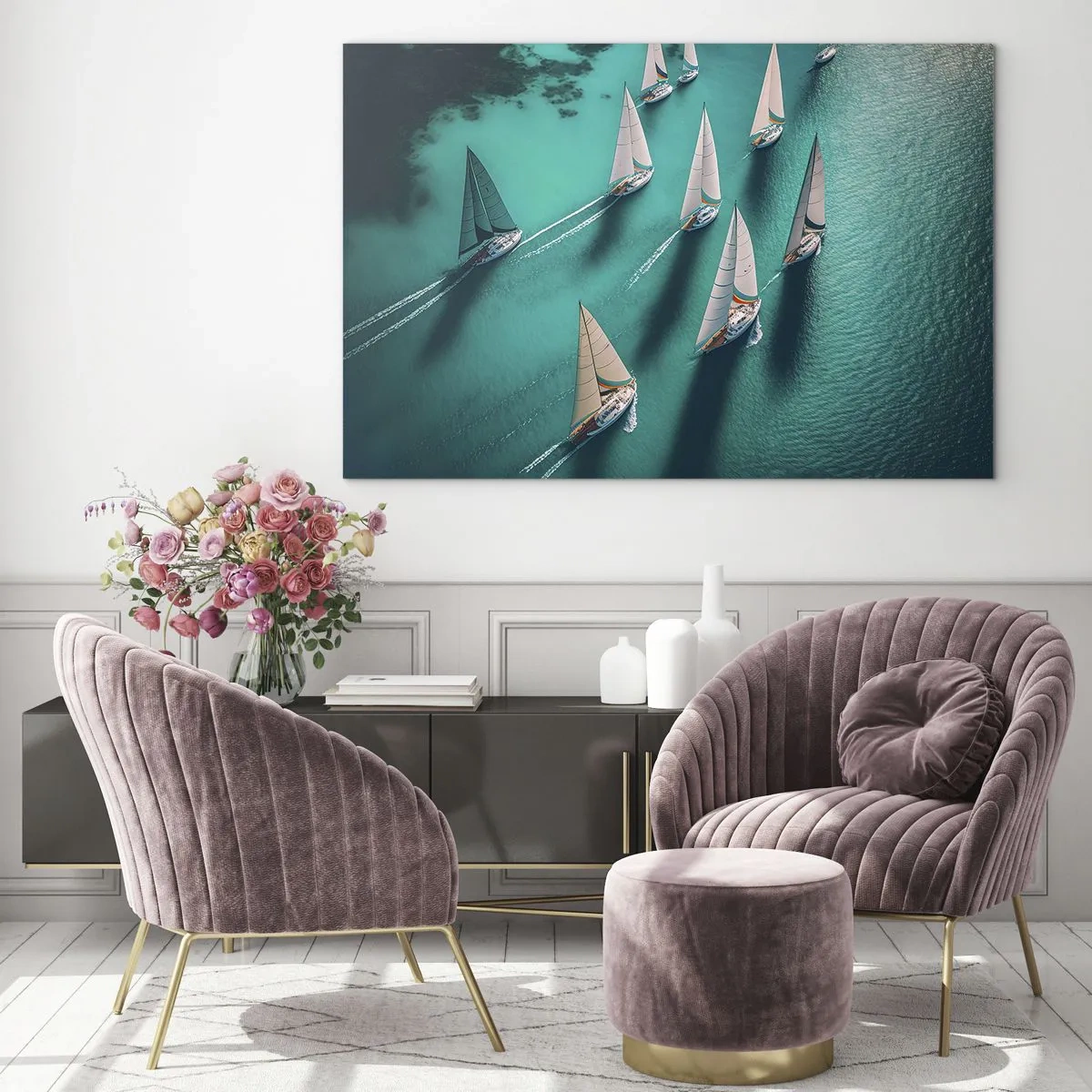 Tablou pe sticlă - Bărci cu pânze pe ape turcoaz surprinse din vedere - 70x50cm - Cursa cu vântul - Decorațiune modernă pentru perete pentru living și dormitor ARTTOR