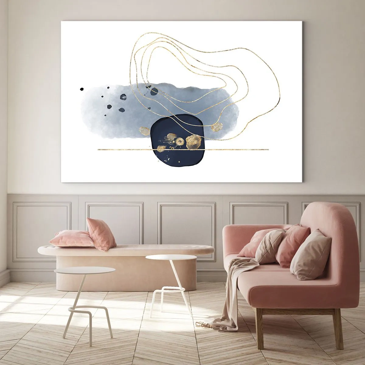 Tablou pe sticlă - Compoziție abstractă în tonuri de albastru și auriu - 70x50cm - Fantezie albastru-auriu - Decorațiune modernă pentru perete pentru living și dormitor ARTTOR