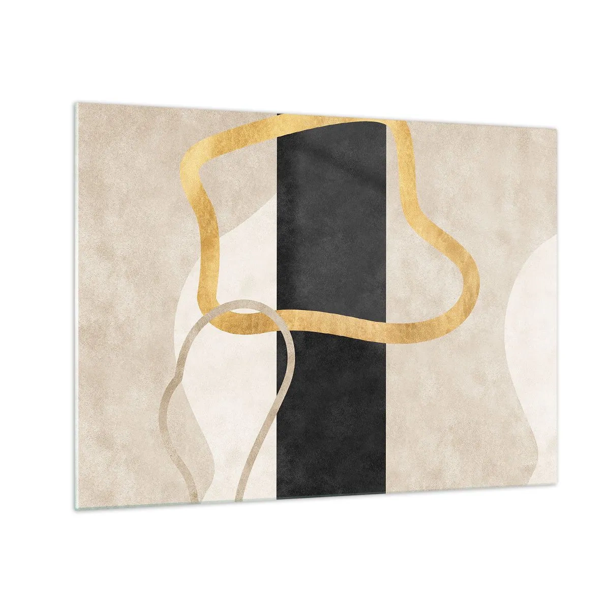 Tablou pe sticlă - Linii aurii și bej care formează forme în buclă pe un fundal cu dungi negre. - 70x50cm - Forme înbuclite - Decorațiune modernă pentru perete pentru living și dormitor ARTTOR