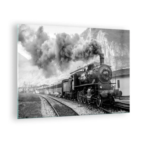 Tablou pe sticlă - Un tren vechi cu aburi într-un peisaj montan - 70x50cm - La gară... - Decorațiune modernă pentru perete pentru living și dormitor ARTTOR