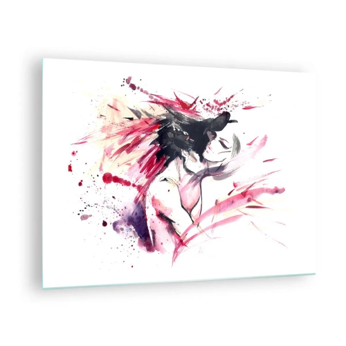 Tablou pe sticlă - O figură abstractă în culori dinamice de acuarelă. - 70x50cm - Împlinirea amoroasă - Decorațiune modernă pentru perete pentru living și dormitor ARTTOR