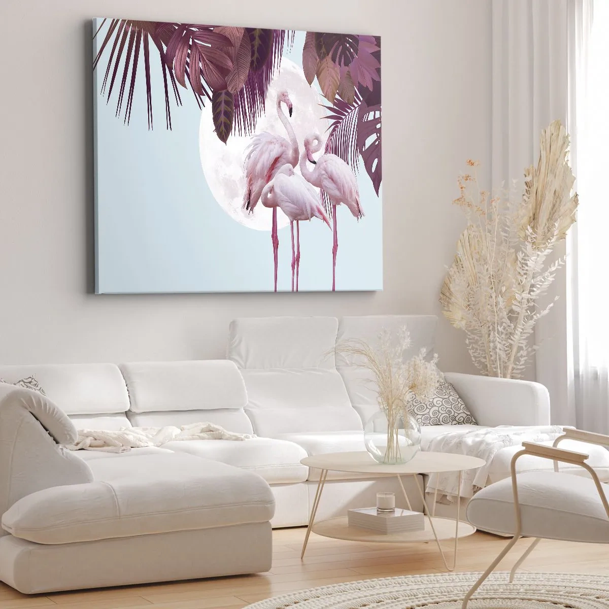 Tablou pe pânză Canvas - Flamingo roz pe fundalul lunii și al frunzelor tropicale - 70x50cm - Harul a trei păsări - Decorațiune modernă pentru perete pentru living și dormitor ARTTOR