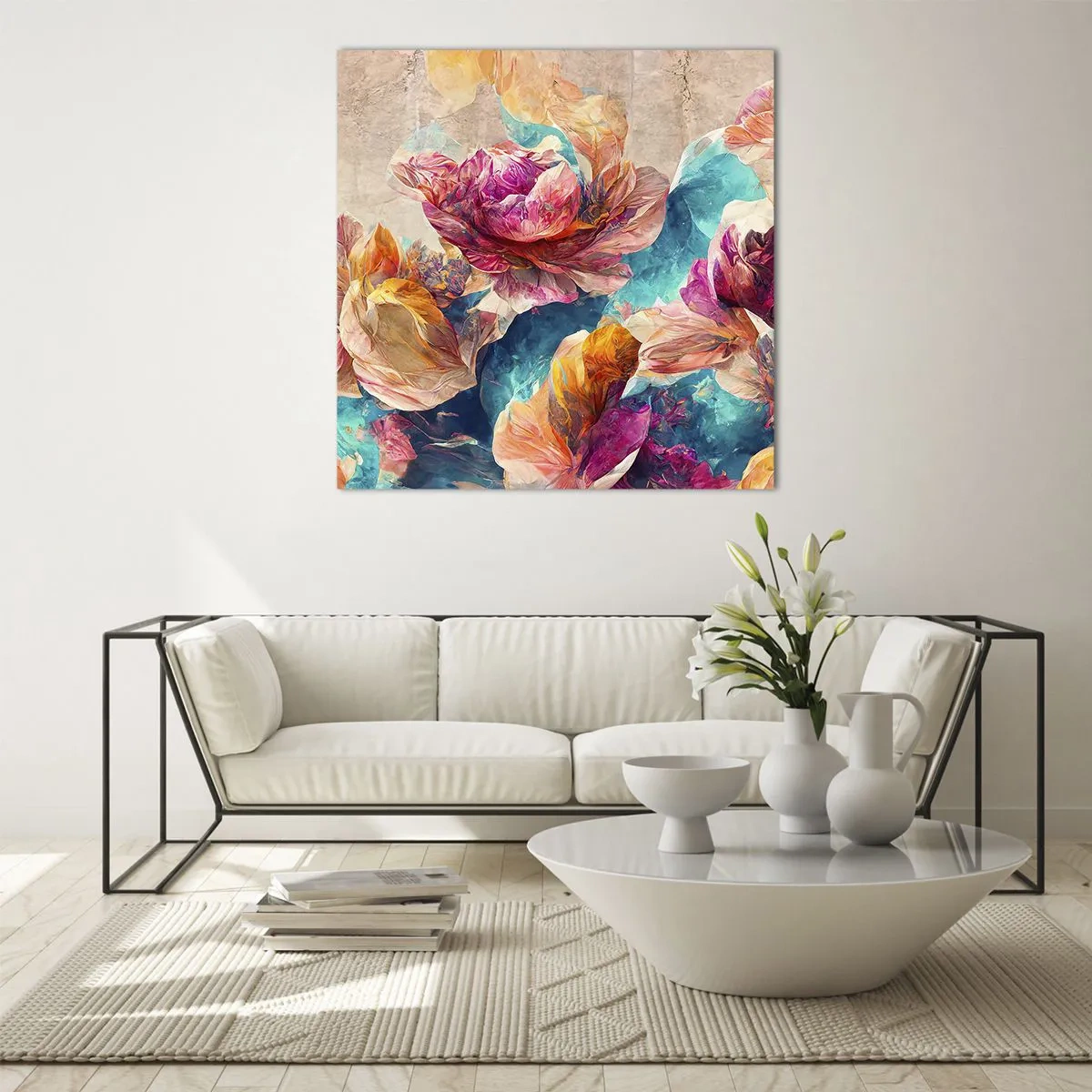 Tablou pe sticlă - Splendoarea colorată a buchetului de flori - 30x30 cm