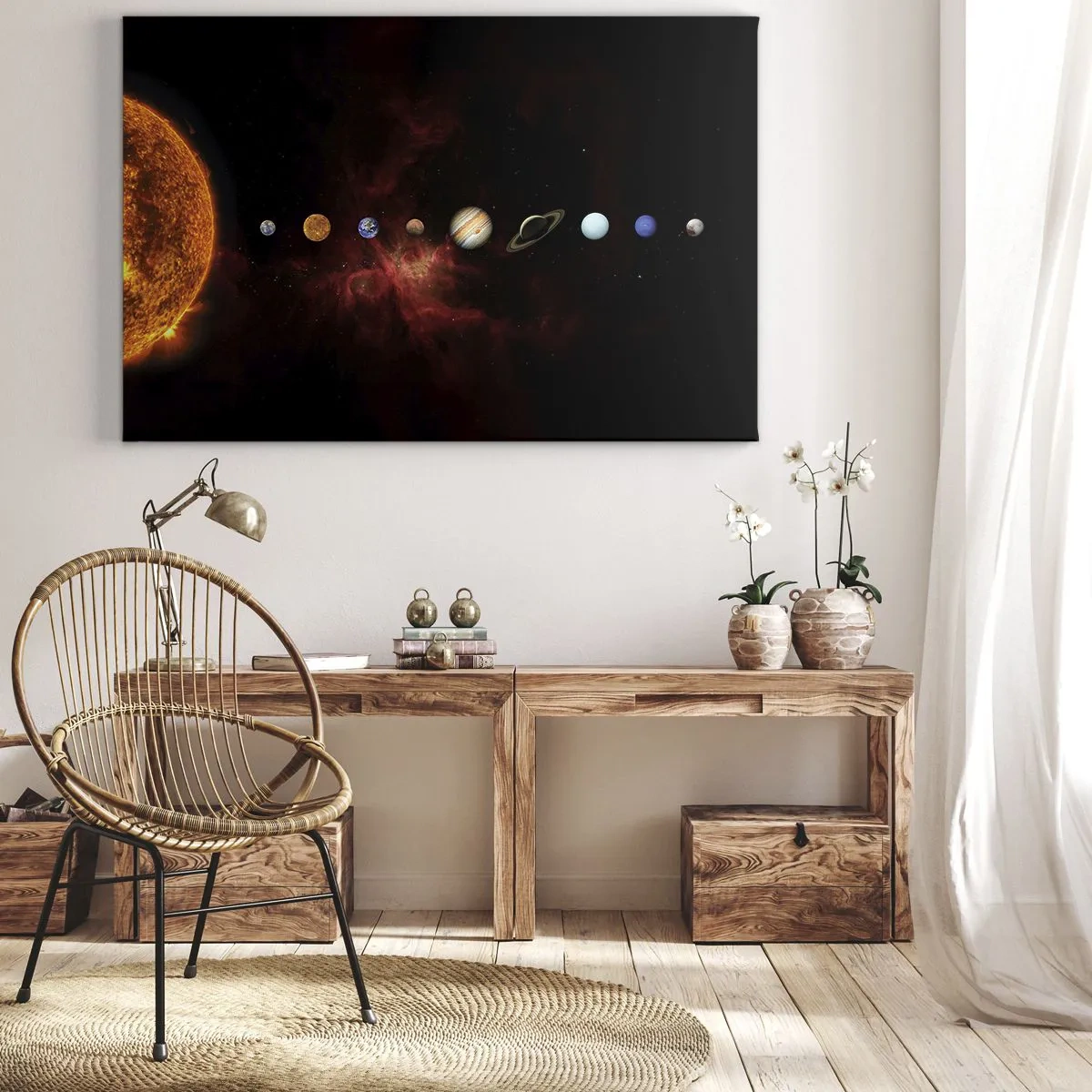 Tablou pe pânză Canvas - Sistemul solar cu planete pe fundalul spațiului - 70x50cm - Cartierul nostru - Decorațiune modernă pentru perete pentru living și dormitor ARTTOR