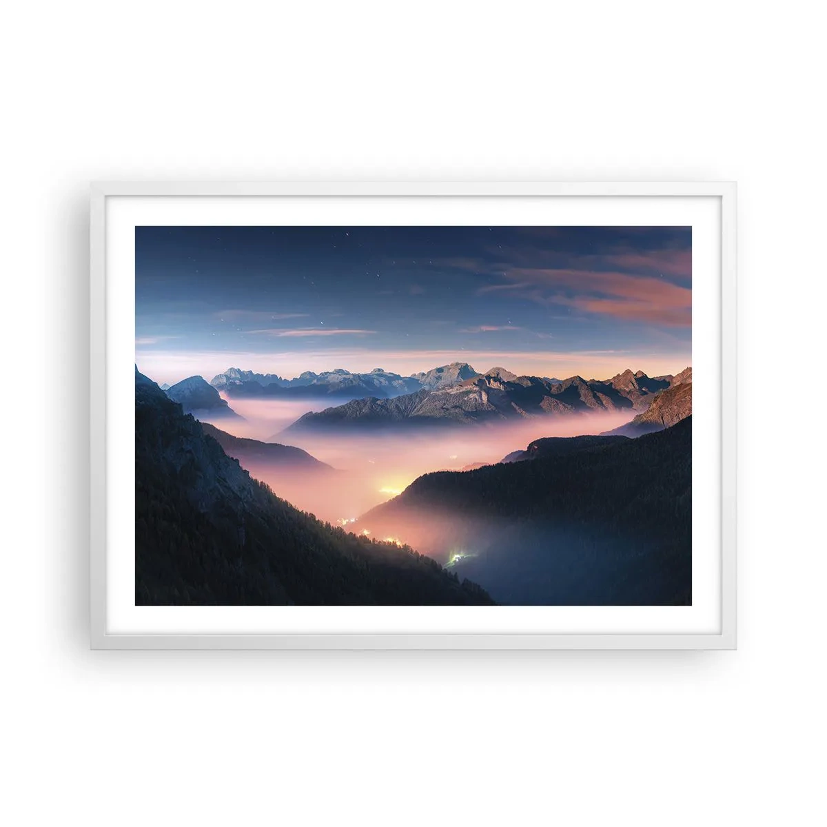 Poster în ramă albă - Lumină în văi - 70x50 cm