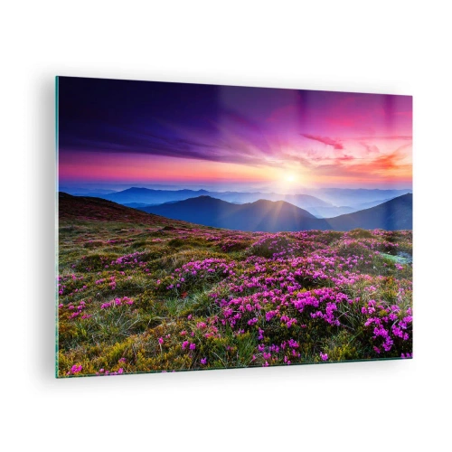 Tablou pe sticlă - Peisaj montan cu erică la apus - 70x50cm - Ierburile proaspete miroseau puternic - Decorațiune modernă pentru perete pentru living și dormitor ARTTOR