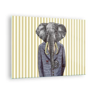 Tablou pe sticlă - Un elefant în costum pe un fundal de dungi galbene - 70x50cm - Elegant prin natură - Decorațiune modernă pentru perete pentru living și dormitor ARTTOR