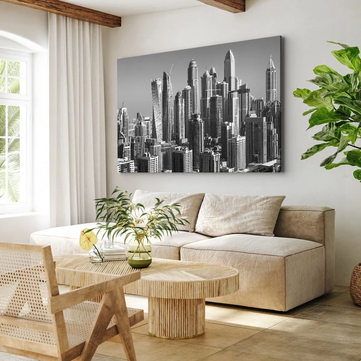 Tablou pe pânză Canvas - Panoramă a zgârie-norilor moderni în tonuri monocromatice - 70x50cm - Orașul de deasupra deșertului - Decorațiune modernă pentru perete pentru living și dormitor ARTTOR