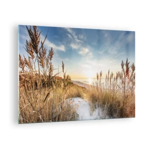 Tablou pe sticlă - Apus de soare peste o plajă cu dune acoperite de iarbă - 70x50cm - Plaja de nord - Decorațiune modernă pentru perete pentru living și dormitor ARTTOR