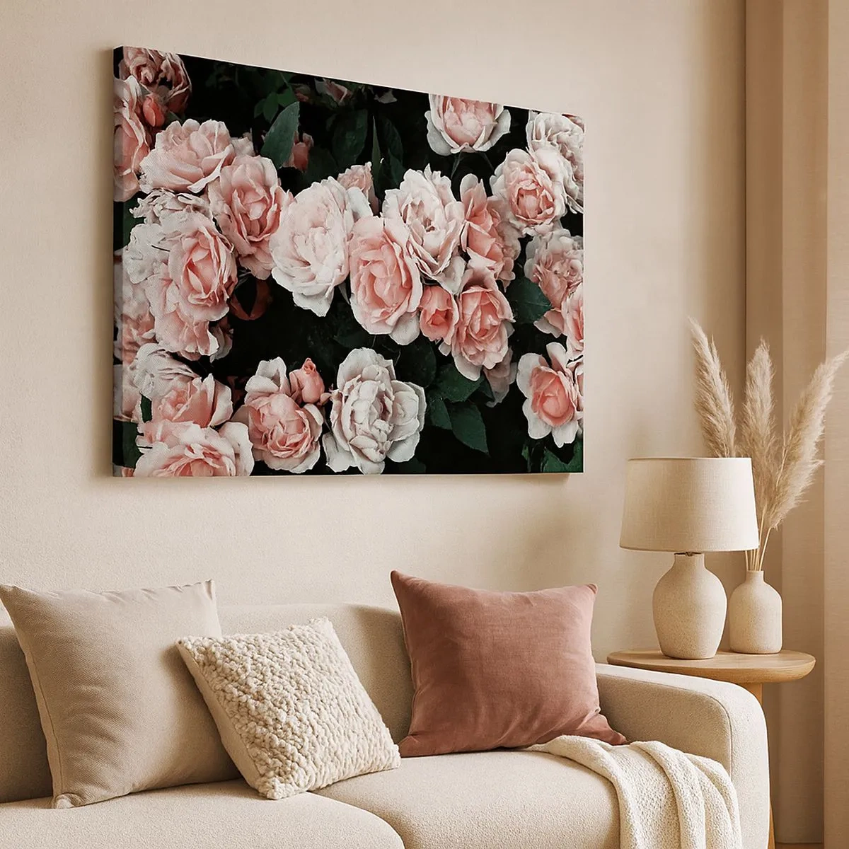 Tablou pe pânză Canvas - Trandafiri roz pe un fundal întunecat într-o compoziție subtilă - 70x50cm - Ansamble de trandafiri - Decorațiune modernă pentru perete pentru living și dormitor ARTTOR
