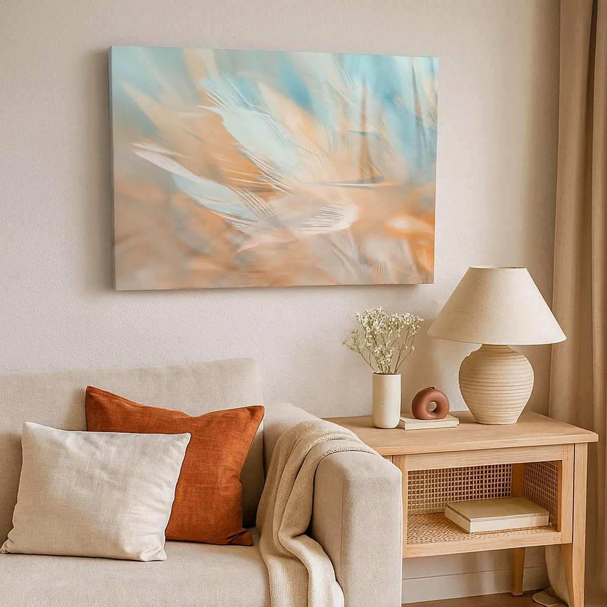 Tablou pe pânză Canvas - Pene delicate în nuanțe pastelate de albastru și portocaliu - 70x50cm - În țara blândeții - Decorațiune modernă pentru perete pentru living și dormitor ARTTOR