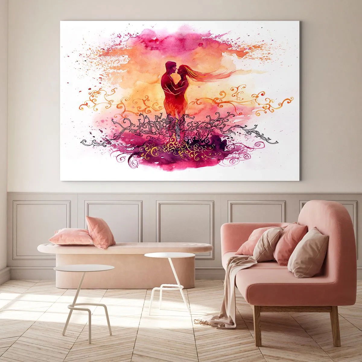 Tablou pe sticlă - Un cuplu romantic în culori abstracte, calde - 70x50cm - De o singură inimă! Am nevoie de atât de puțin.. - Decorațiune modernă pentru perete pentru living și dormitor ARTTOR