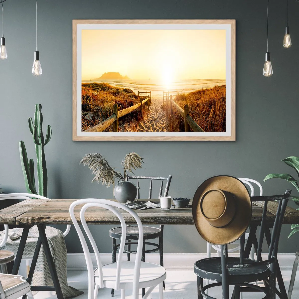 Poster în ramă de stejar deschis - Prin dune spre soare - 100x70 cm