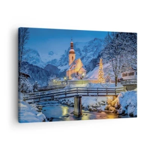 Tablou pe pânză Canvas - Peisaj de iarnă cu o biserică, un pod și munți la amurg - 70x50cm - Spiritul Crăciunului - Decorațiune modernă pentru perete pentru living și dormitor ARTTOR