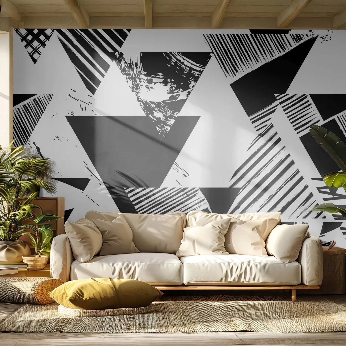 Tapet Autoadeziv Deluxe Sticker - Ploaie de triunghiuri - Abstracția, Grafică, alb-negru - 250x175 cm