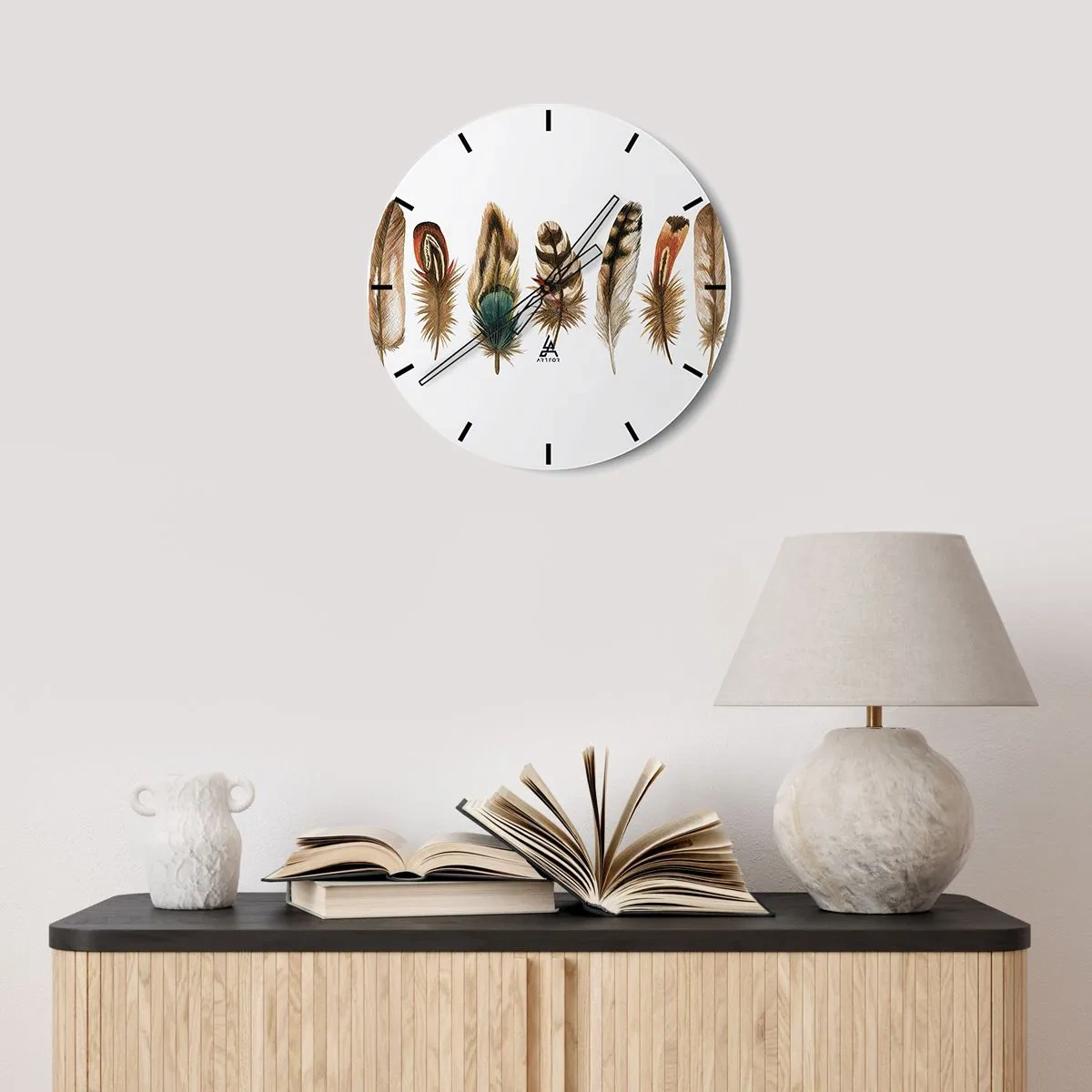 Ceas de perete - Ceas pe sticlă - Variație cu pene - 40x40 cm