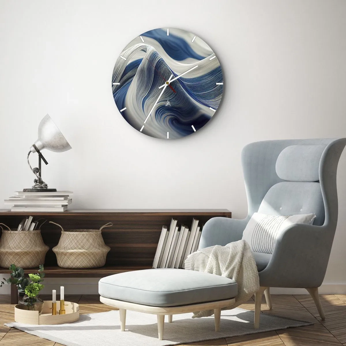 Ceas de perete - Ceas pe sticlă - Vârtejuri dinamice în nuanțe de albastru și alb, cu un aranjament ondulat - 30x30cm - Fluiditate de albastru și alb - Decorațiune modernă pentru perete pentru living, bucătărie și dormitor ARTTOR