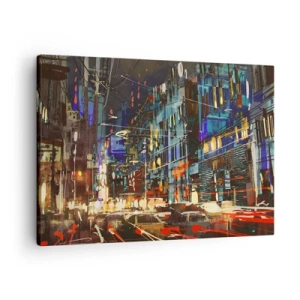 Tablou pe pânză Canvas - Scenă de noapte a orașului cu lumini neon - 70x50cm - Agitația de seară a străzii - Decorațiune modernă pentru perete pentru living și dormitor ARTTOR