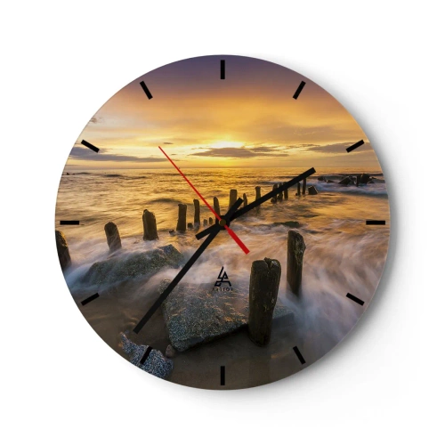 Ceas de perete - Ceas pe sticlă - Apus de soare peste mare cu stâlpi de lemn pe țărm - 30x30cm - Frumusețe brută a mării - Decorațiune modernă pentru perete pentru living, bucătărie și dormitor ARTTOR