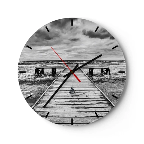 Ceas de perete - Ceas pe sticlă - Un dig de lemn care duce spre marea agitată sub un cer înnorat - 30x30cm - Aștept ca vântul să fugărească... - Decorațiune modernă pentru perete pentru living, bucătărie și dormitor ARTTOR