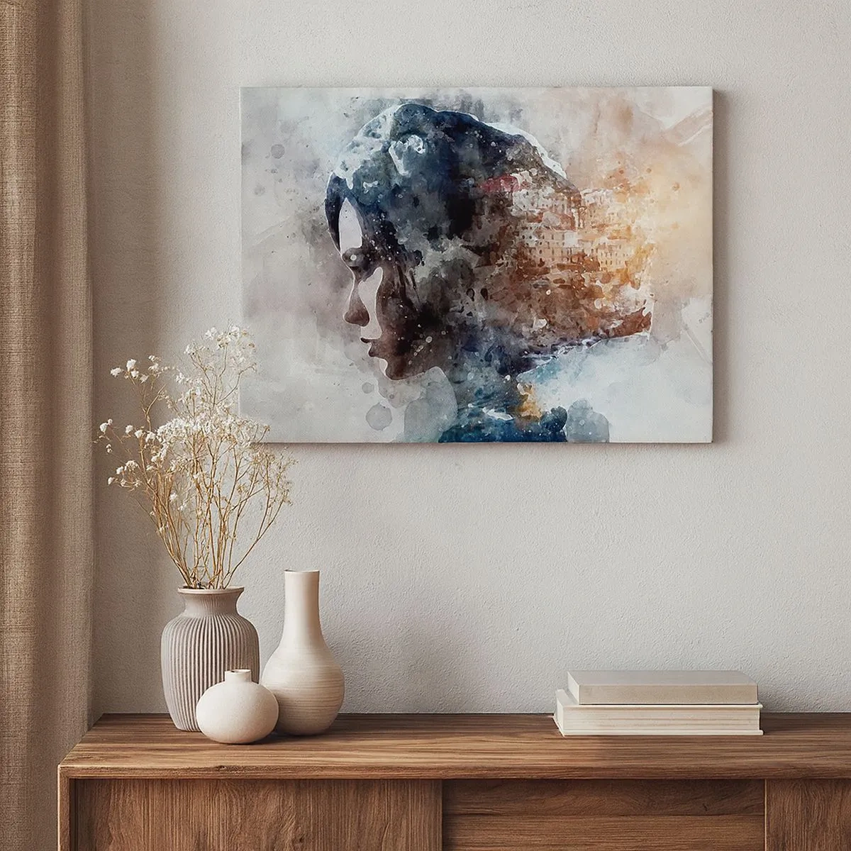 Tablou pe pânză Canvas - Portretul unei femei care își combină chipul cu un peisaj urban în fundal - 70x50cm - Povestea unei fete cu un oraș în fundal - Decorațiune modernă pentru perete pentru living și dormitor ARTTOR