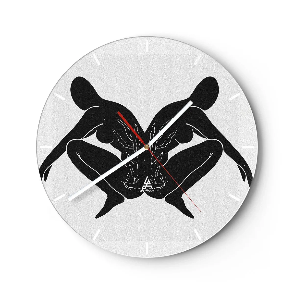 Ceas de perete - Ceas pe sticlă - Figuri simetrice în negru formând o inimă cu foc în centru pe un fundal deschis. - 30x30cm - Suflet comun - Decorațiune modernă pentru perete pentru living, bucătărie și dormitor ARTTOR